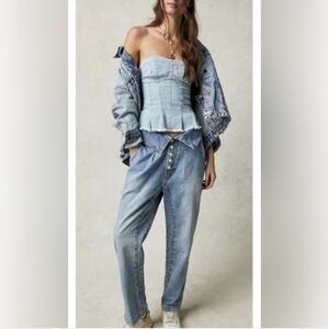 We the Free Free People Noah Foldover Harem Jeans Pleated Railroad Stripe Xl